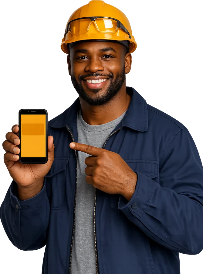 An apprentice in a hard hat pointing at an alert on his phone